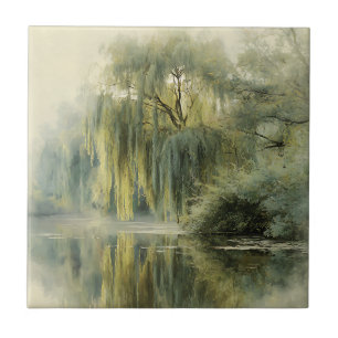 Serene Willow Tree Reflection Nature Art (10) Tile
