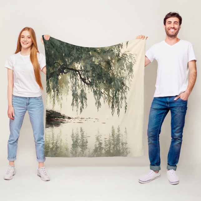 Serene Willow Tree Reflection Nature Art (11) Fleece Blanket (In Situ)