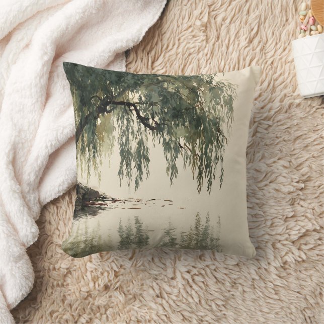 Serene Willow Tree Reflection Nature Art (11) Throw Pillow (Blanket)