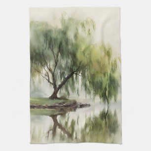Serene Willow Tree Reflection Nature Art (12) Kitchen Towel