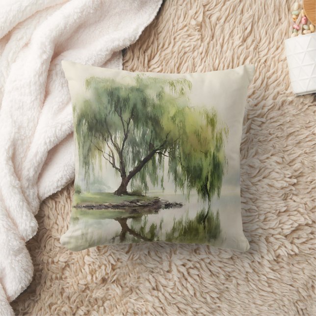 Serene Willow Tree Reflection Nature Art (12) Throw Pillow (Blanket)