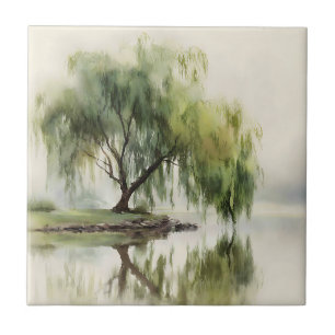 Serene Willow Tree Reflection Nature Art (12) Tile