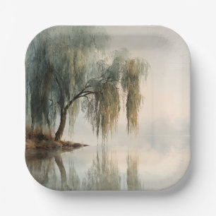 Serene Willow Tree Reflection Nature Art (13) Paper Plate