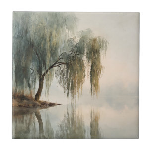Serene Willow Tree Reflection Nature Art (13) Tile