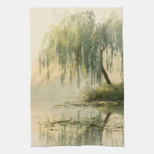 Serene Willow Tree Reflection Nature Art (1) Kitchen Towel