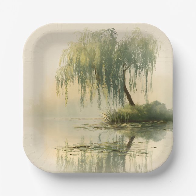 Serene Willow Tree Reflection Nature Art (1) Paper Plate (Front)