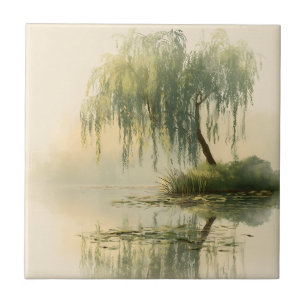 Serene Willow Tree Reflection Nature Art (1) Tile