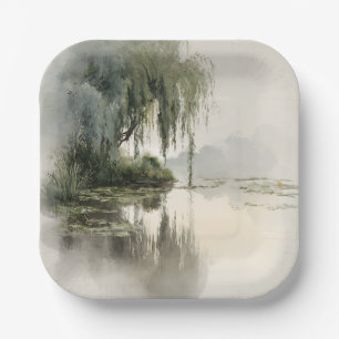 Serene Willow Tree Reflection Nature Art (2) Paper Plate