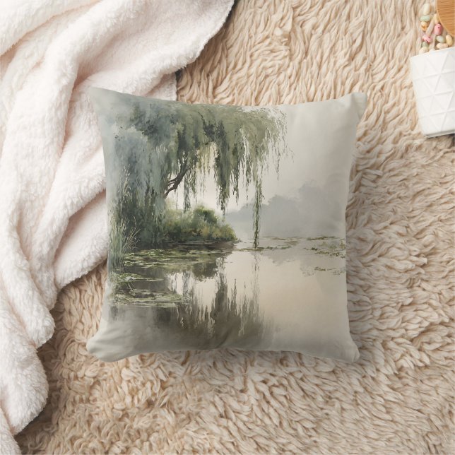 Serene Willow Tree Reflection Nature Art (2) Throw Pillow (Blanket)