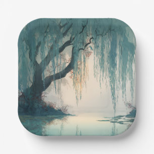 Serene Willow Tree Reflection Nature Art (3) Paper Plate