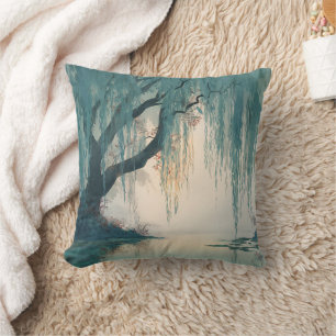Serene Willow Tree Reflection Nature Art (3) Throw Pillow