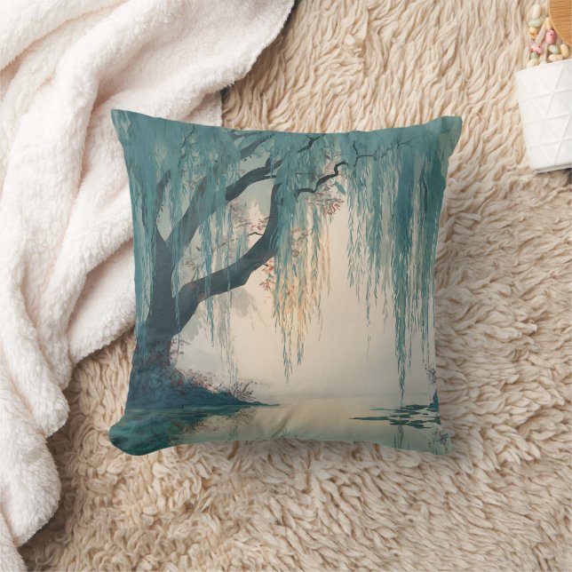 Serene Willow Tree Reflection Nature Art (3) Throw Pillow (Blanket)