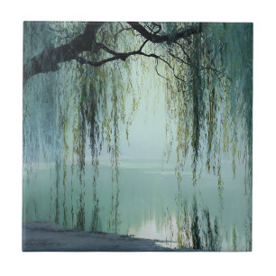 Serene Willow Tree Reflection Nature Art (4) Tile
