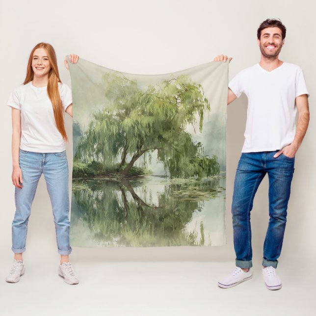 Serene Willow Tree Reflection Nature Art (5) Fleece Blanket (In Situ)