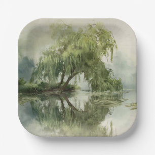 Serene Willow Tree Reflection Nature Art (5) Paper Plate