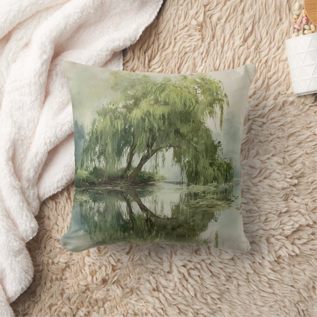 Serene Willow Tree Reflection Nature Art (5) Throw Pillow (Blanket)