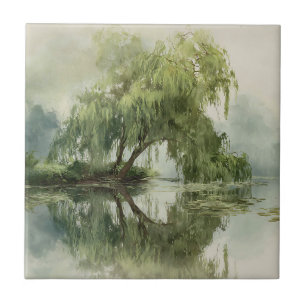Serene Willow Tree Reflection Nature Art (5) Tile