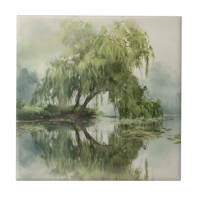 Serene Willow Tree Reflection Nature Art (5) Tile (Front)