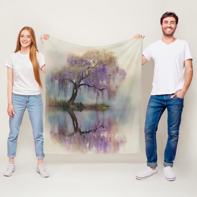 Serene Willow Tree Reflection Nature Art (6) Fleece Blanket (In Situ)