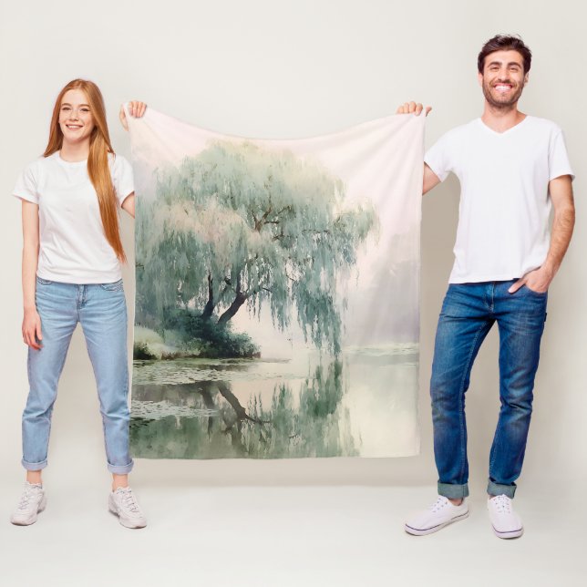 Serene Willow Tree Reflection Nature Art (7) Fleece Blanket (In Situ)