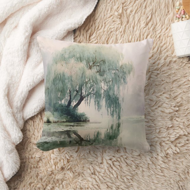 Serene Willow Tree Reflection Nature Art (7) Throw Pillow (Blanket)