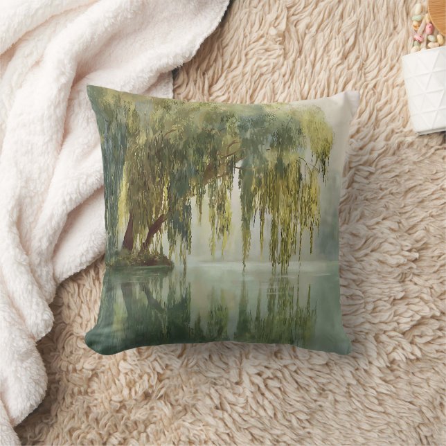 Serene Willow Tree Reflection Nature Art (8) Throw Pillow (Blanket)