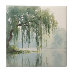 Serene Willow Tree Reflection Nature Art (9) Tile