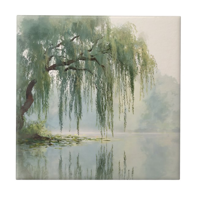 Serene Willow Tree Reflection Nature Art (9) Tile (Front)