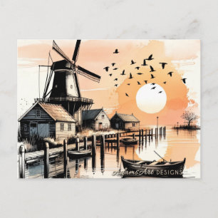 Serene Windmill Sunset Harbour Holiday Postcard