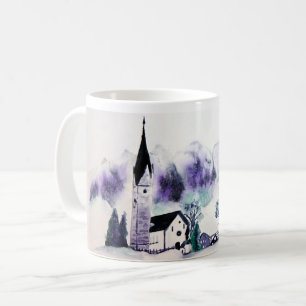 Serene winter church landscape watercolor painting coffee mug