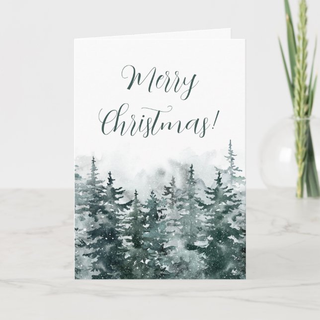 Serene Winter Forst Watercolor Folded Holiday Card (Front)