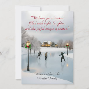 Serene winter scene with ice skaters holiday card