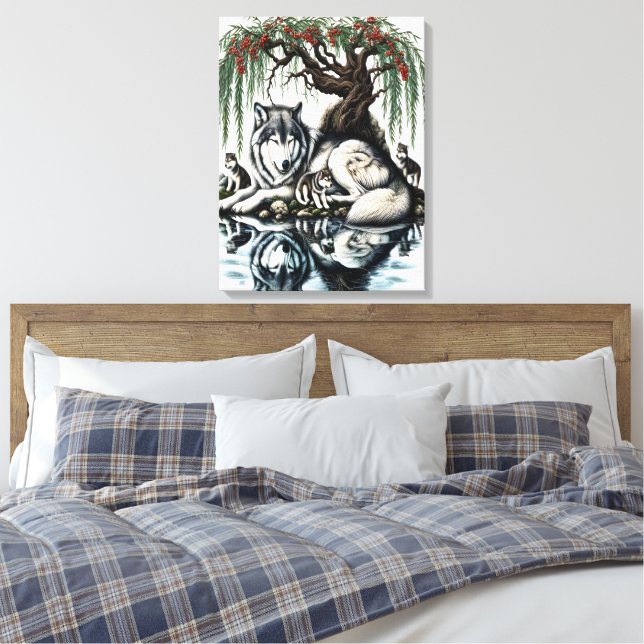 Serene Wolf Family Oasis in Idyllic Nature 18x24 Canvas Print (Insitu(Bedroom))