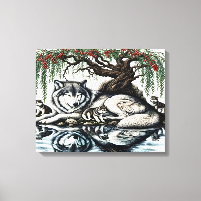 Serene Wolf Family Oasis in Idyllic Nature 20x16 Canvas Print (Front)