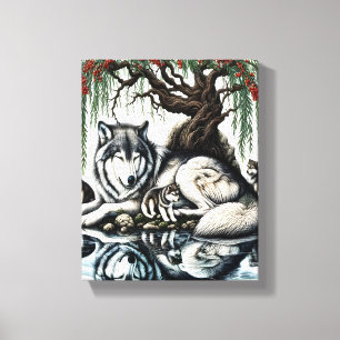 Serene Wolf Family Oasis in Idyllic Nature 8x10 Canvas Print