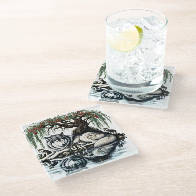 Serene Wolf Family Oasis in Idyllic Nature Glass Coaster (Angled)