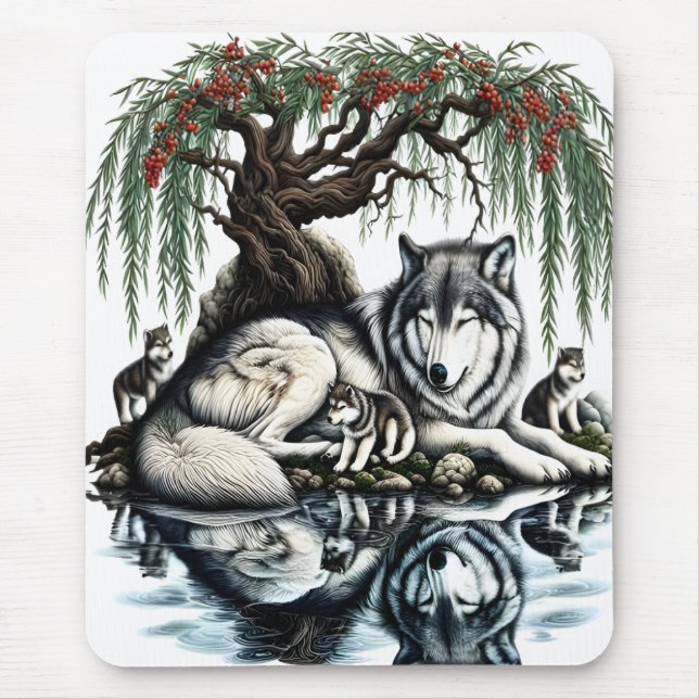 Serene Wolf Family Oasis in Idyllic Nature Mouse Pad (Front)