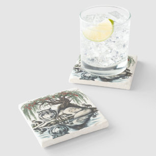 Serene Wolf Family Oasis in Idyllic Nature Stone Coaster