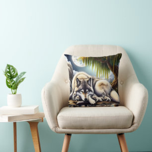 Serene Wolf Family Oasis in Idyllic Nature Throw Pillow