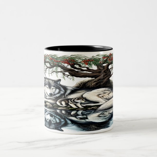 Serene Wolf Family Oasis in Idyllic Nature Two-Tone Coffee Mug (Center)