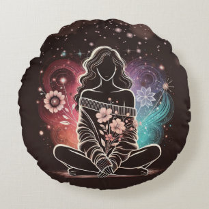 Serene Woman in a Cosmic Floral Dream Round Pillow