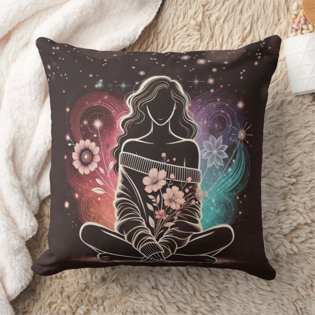 Serene Woman in a Cosmic Floral Dream Throw Pillow (Blanket)