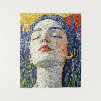 Serene Woman Lavender Field Sunset Textured Art Tapestry