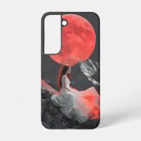 Serene Woman on Cliff under Red Moon Digital Art