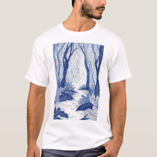 Serene Woodland Path: Blue Line Art Forest T-Shirt