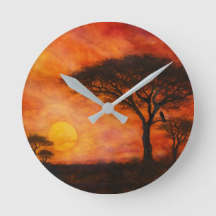 Serengeti Savanna Sunset Ink art  Round Clock