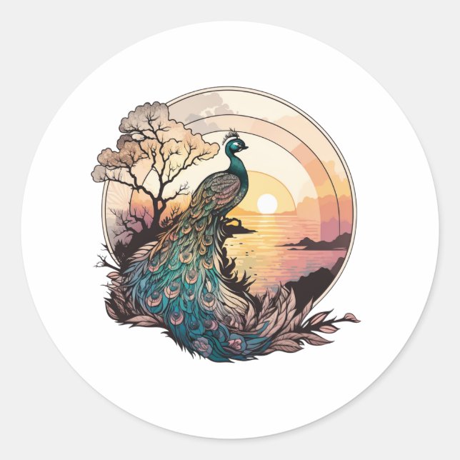 Serenity at Sunrise: Peacock Inspired Artwork Classic Round Sticker (Front)