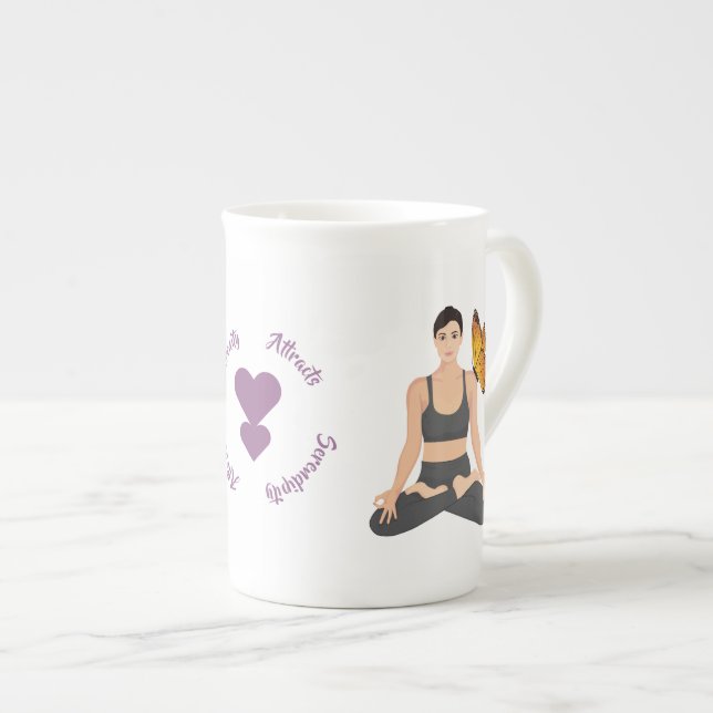 Serenity Attracts Serendipity Yoga Butterfly Love Bone China Mug (Front Right)