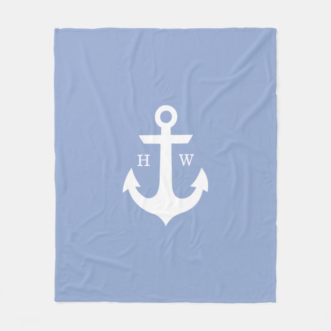 Serenity Blue Anchor Nautical Monogram Fleece Blanket (Front)