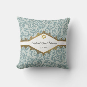 Serenity Blue Brocade Gold Lace Wedding Gift Throw Pillow